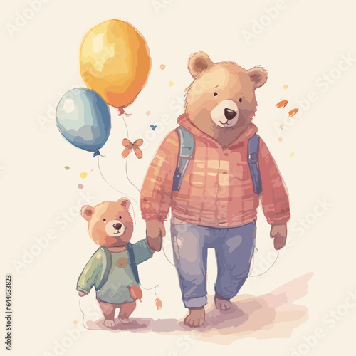 illustration of a bear and a baby bear holding a balloon