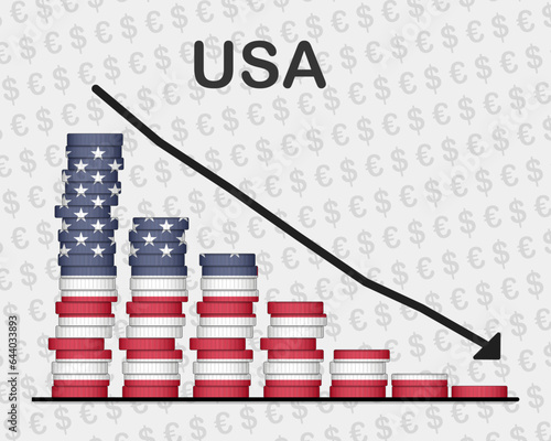 USA economic collapse, decreasing values with coins, crisis and downgrade concept