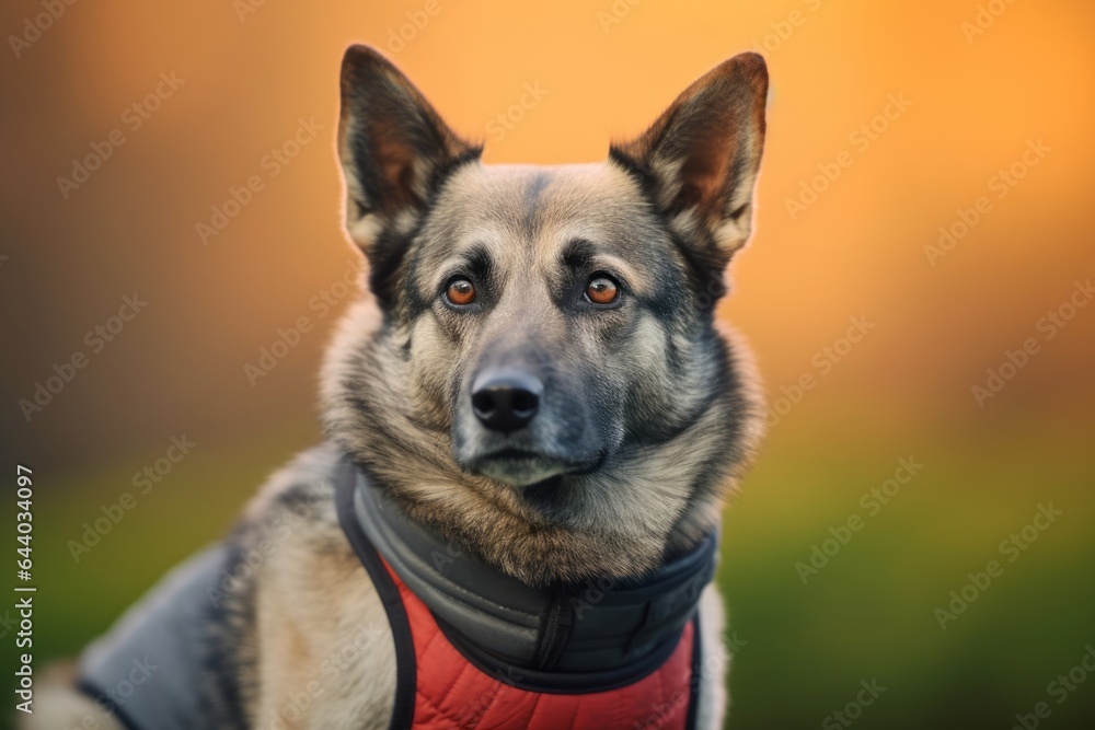 Headshot portrait photography of a funny norwegian elkhound wearing a cooling vest against a pastel or soft colors background. With generative AI technology