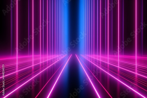 Abstract futuristic dark background with neon pink and blue horizontal and vertical lines.