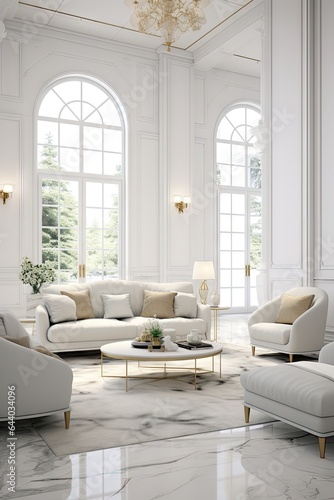 White Luxury Marble Living Room Interior Design - Opulent Living Space Showcasing Pure White Marble Elegance - Living Room in White Luxury Marble Background created with Generative AI Technology © InteriorArchitecture