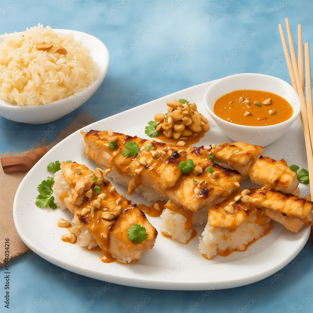 an appetizing image of chicken satay served over rice, garnished with a drizzle of sauce, and accompanied by a side of dipping sauce an appetizing image of chicken satay served over rice, garnished with a drizzle of sauce, and accompanied by a side of dipping sauce