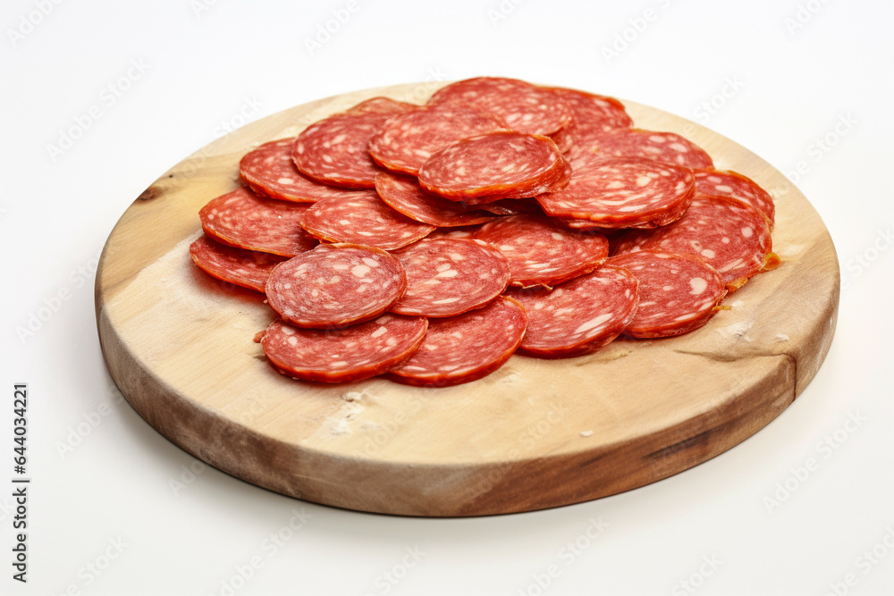 Obraz premium Fresh pepperoni sausage on cutting board