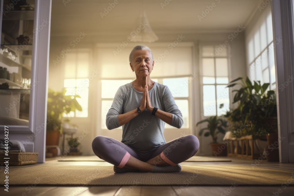 Beautiful elderly woman meditating in yoga position. Beautiful elderly woman meditating in yoga position.