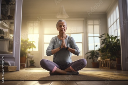 Beautiful elderly woman meditating in yoga position.