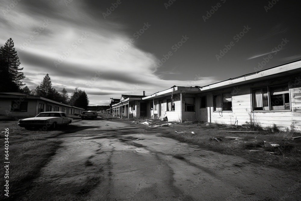 Abandoned motel in black and white