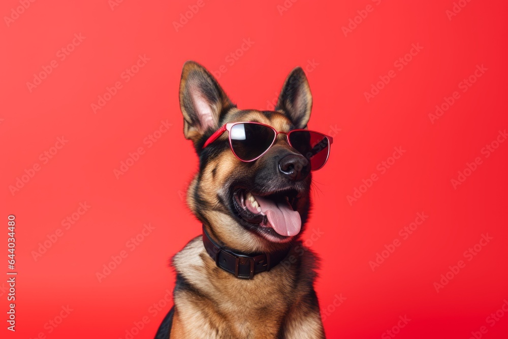 Photography in the style of pensive portraiture of a smiling german shepherd wearing a trendy sunglasses against a red background. With generative AI technology