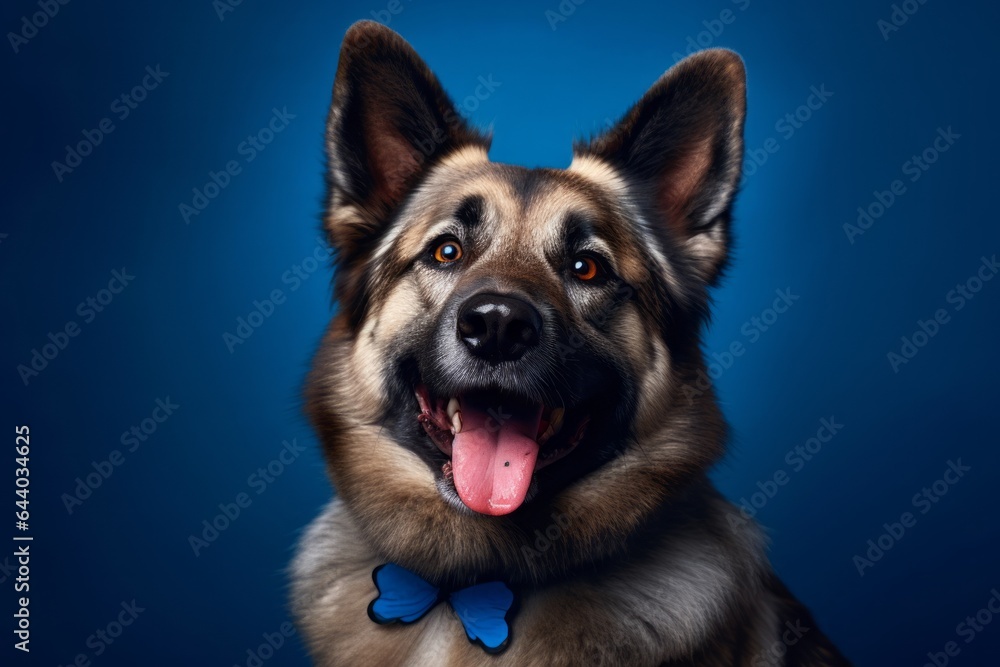 Close-up portrait photography of a smiling norwegian elkhound wearing a butterfly wings against a royal blue background. With generative AI technology