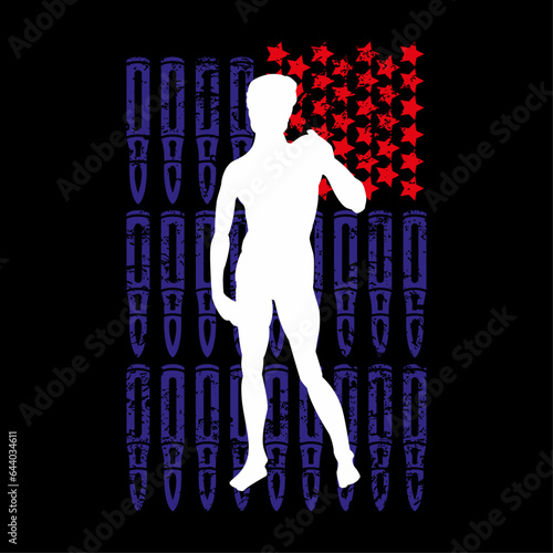 Design for t-shirt with silhouette of Michelangelo's David on the American flag. Badge formed by bullets and stars on a black background.