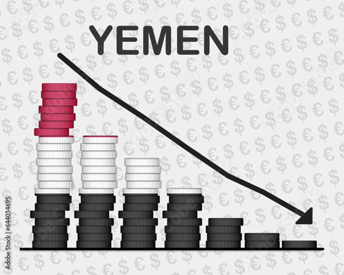 Yemen economic collapse, decreasing values with coins, crisis and downgrade concept