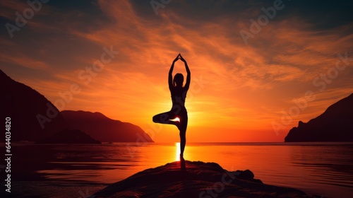A woman doing yoga on a rock in front of a sunset