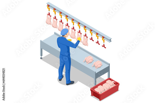Isometric Factory for the production of food from meat. Food products meat chicken in plastic packaging on the conveyor. Meat chicken.