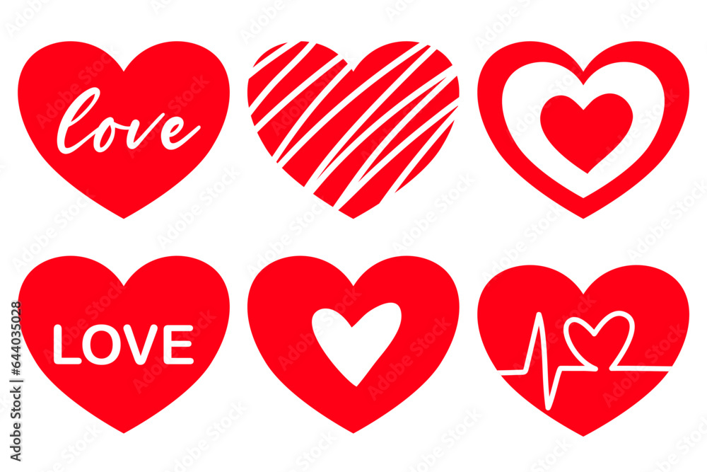 Set of Red Hearts Love Valentine’s Day Icon Vector on Transparent Background. For International Day Wedding Word Text Design Decoration