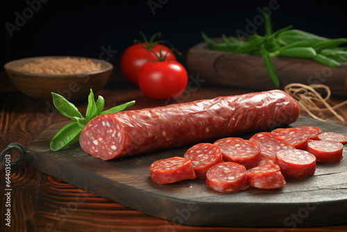 Fresh pepperoni sausage on cutting board