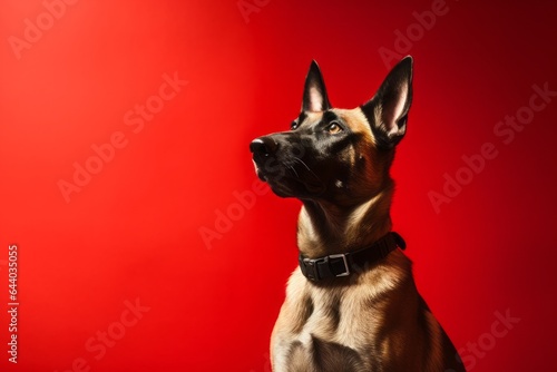 Photography in the style of pensive portraiture of a happy belgian malinois dog wearing a reflective vest against a red background. With generative AI technology