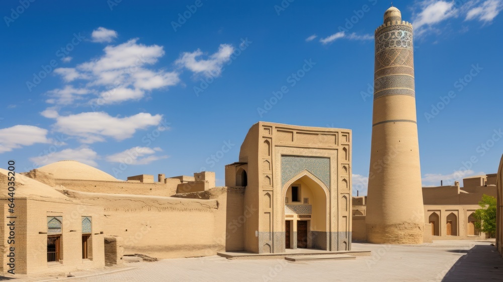 Offering an aerial perspective of Bukhara, Uzbekistan, the scene captures the architectural marvels of the Mir-i-Arab Madrasa and the towering Kalyan Minaret.