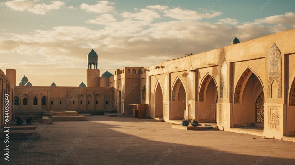Offering an aerial perspective of Bukhara, Uzbekistan, the scene captures the architectural marvels of the Mir-i-Arab Madrasa and the towering Kalyan Minaret.