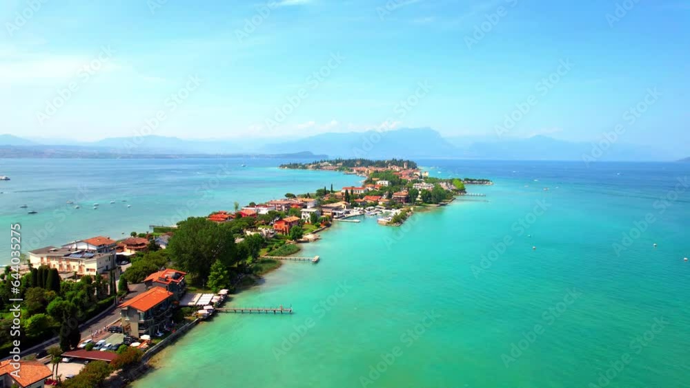 View of Sirmione on Lake Garda - Italy - Drone flight View of Sirmione on Lake Garda - Italy - Drone flight