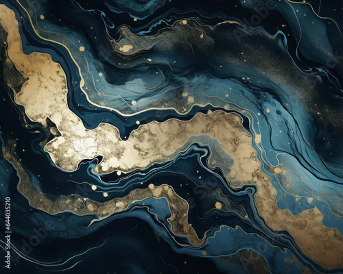 Abstract Marbled Paint Background in Blue, Gold, and Black: Dark Turquoise and Light Gold Palette, Evoking Romantic Riverscapes with Fluid and Flowing Lines