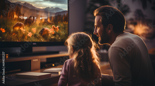 Cute little girl with her father looking at the TV screen in the living room