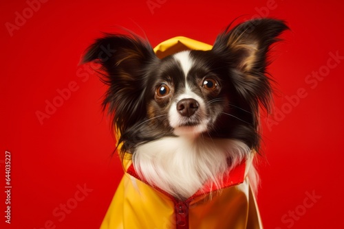 Lifestyle portrait photography of a funny papillon dog wearing a raincoat against a red background. With generative AI technology