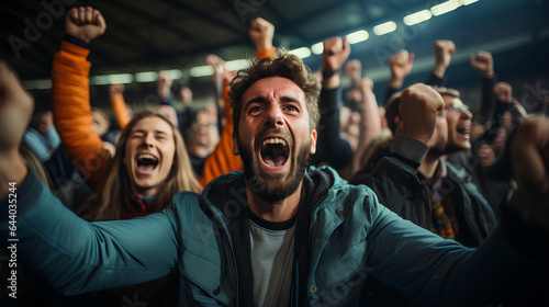 Excited fan in sportswear with raised hands is watching a football match.