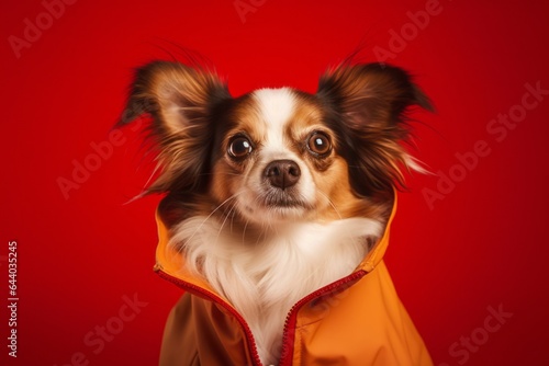 Lifestyle portrait photography of a funny papillon dog wearing a raincoat against a red background. With generative AI technology