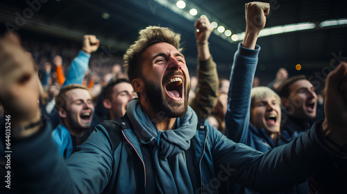Cheering crowd at a soccer or football game. Fans and supporters cheering for favourite team.