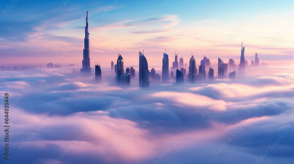 The heart of Dubai, Downtown Dubai, shrouded in a dense, mysterious fog, enveloping its towering skyscrapers. This captivating image is captured from a truly distinctive vantage point.