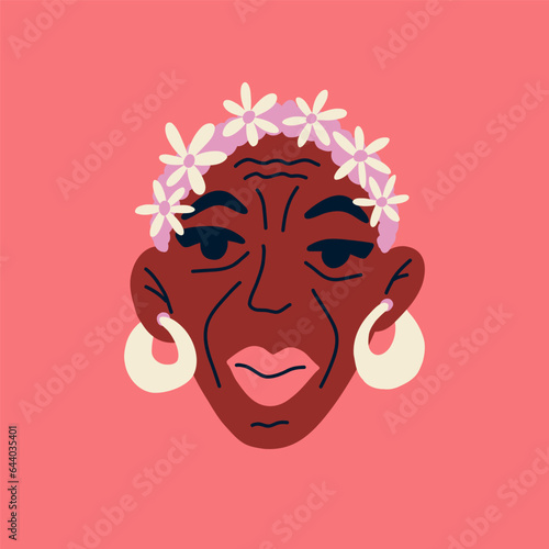 Portrait beautiful African american senior woman with chamomile. Avatar of African old female character isolated on background. Mental health. Vector for postcards, posters, social network.