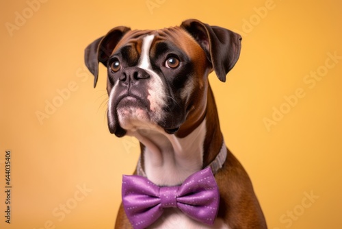 Medium shot portrait photography of a cute boxer dog wearing a cute bow tie against a vibrant purple background. With generative AI technology © Markus Schröder