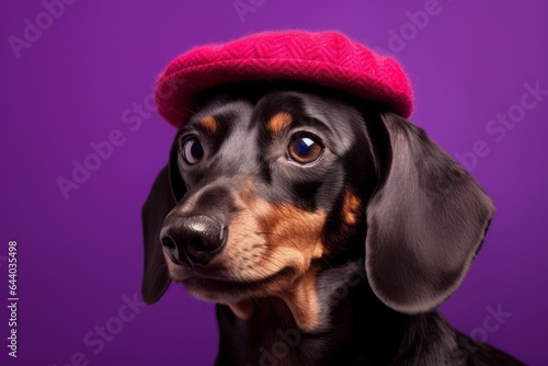 Medium shot portrait photography of a funny dachshund wearing a beret against a vibrant purple background. With generative AI technology © Markus Schröder