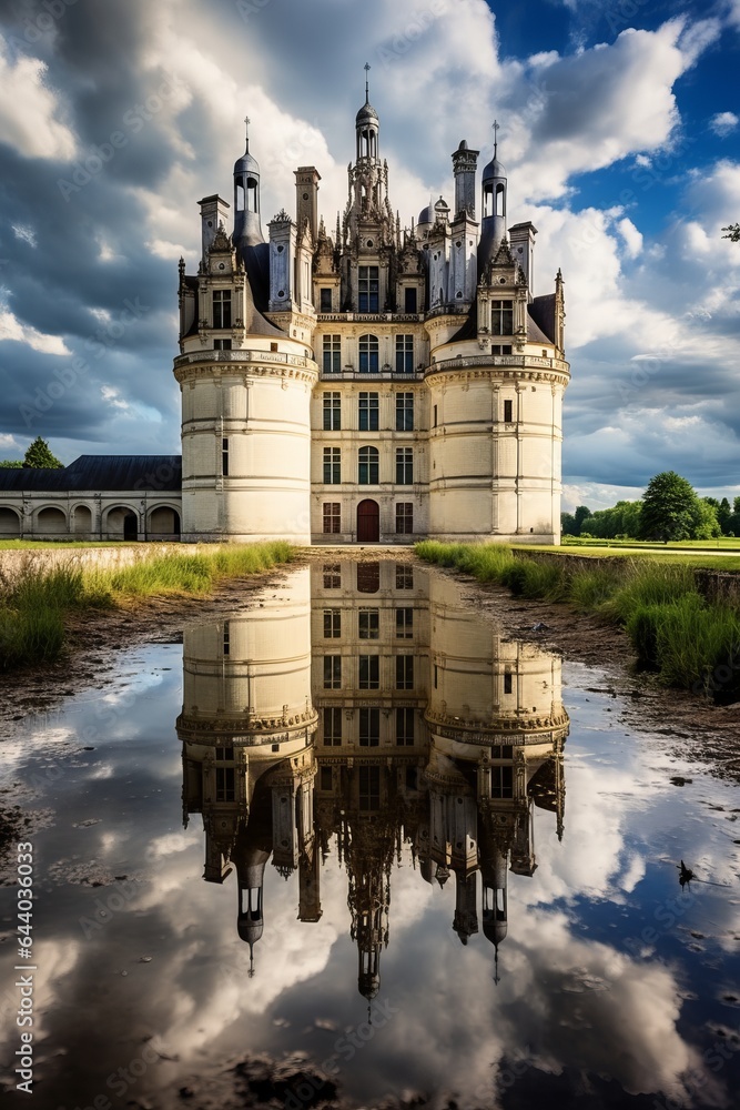 castle standing on top of a reservoir, baroque, grandiose structure