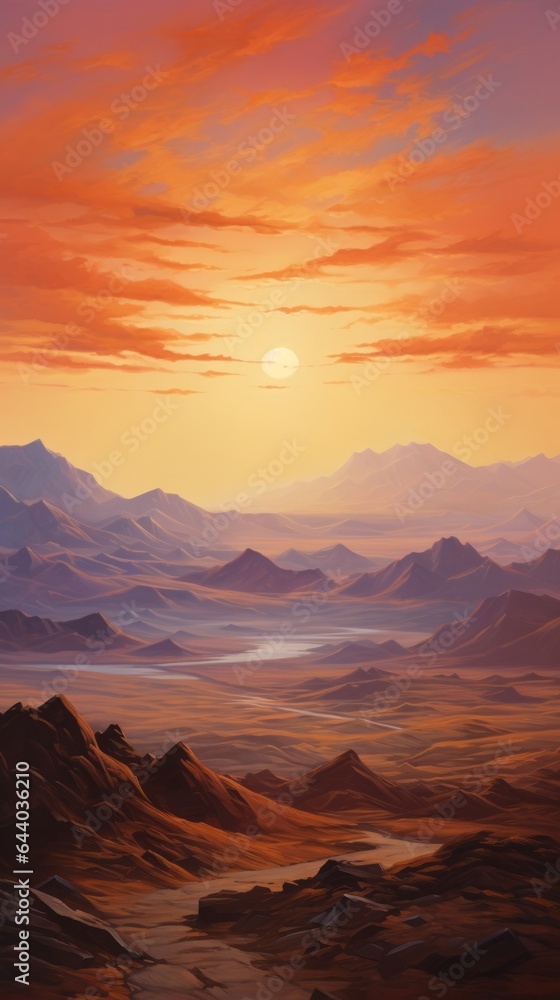 A painting of a sunset in the desert