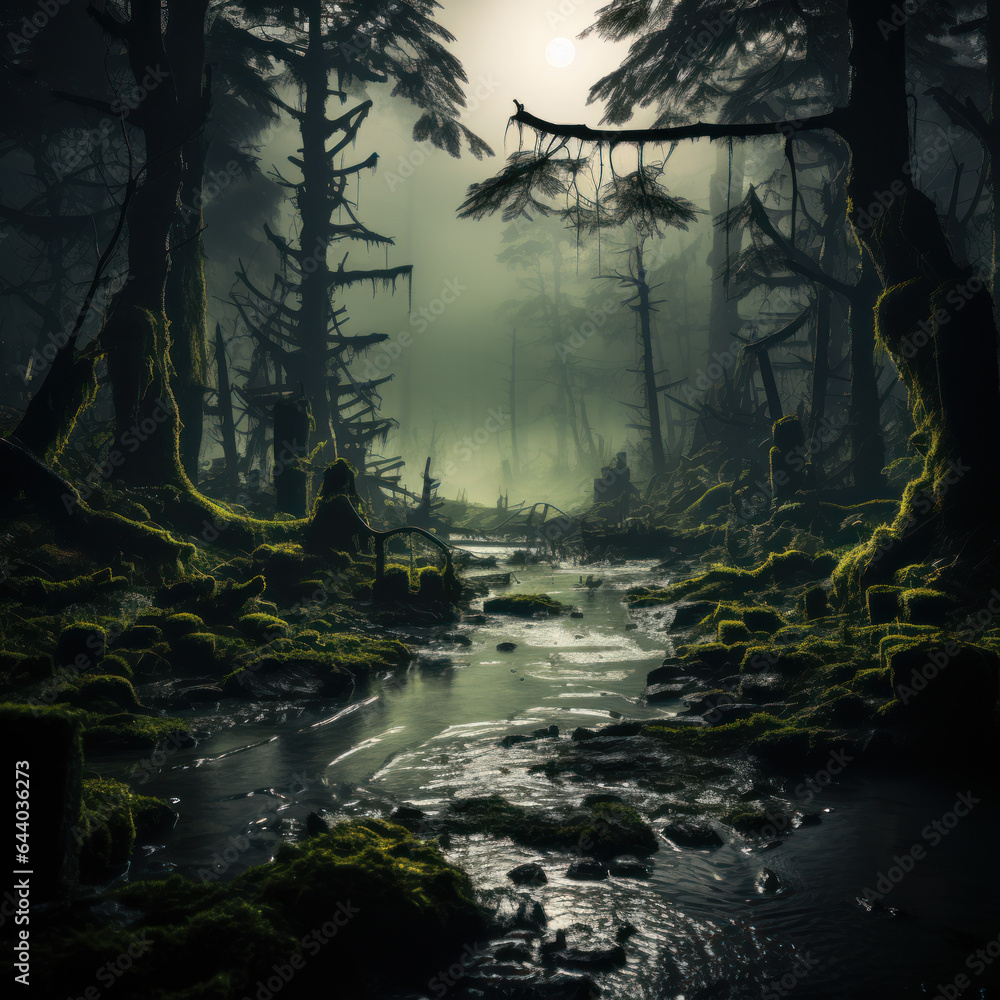  A misty mysterious swamp with hanging moss
