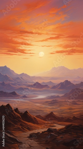 A painting of a sunset in the desert
