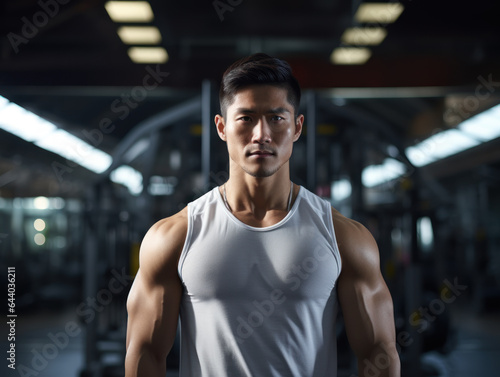 Muscular asian young man in gym showing muscles, fitness model trains in the gym