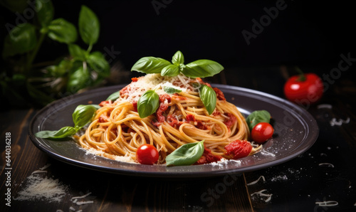 Traditional pasta spaghetti bolognese in plate on wooden table dark background