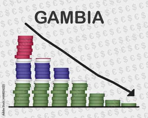 Gambia economic collapse, decreasing values with coins, crisis and downgrade concept