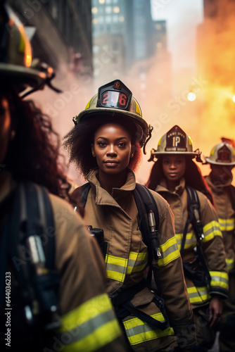 Generative AI image of young black female firefighters lined up in uniform and helmet, looking at the camera against a blurred background photo