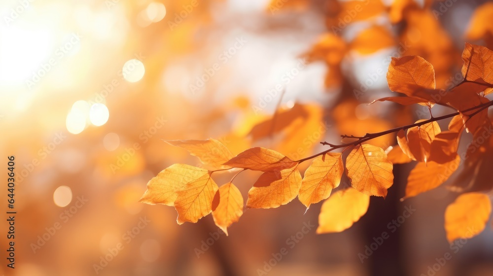 orange autumn maple leaves with soft focus at gold sunset in the forest, autumn background, Generative AI orange autumn maple leaves with soft focus at gold sunset in the forest, autumn background, Generative AI