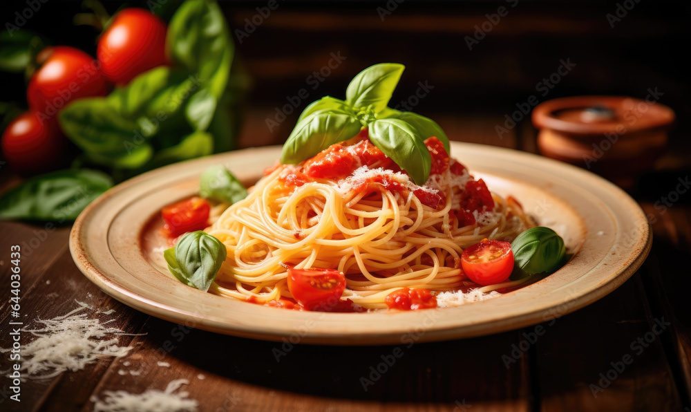 Traditional pasta spaghetti bolognese on plate on wooden table with dark background Traditional pasta spaghetti bolognese on plate on wooden table with dark background