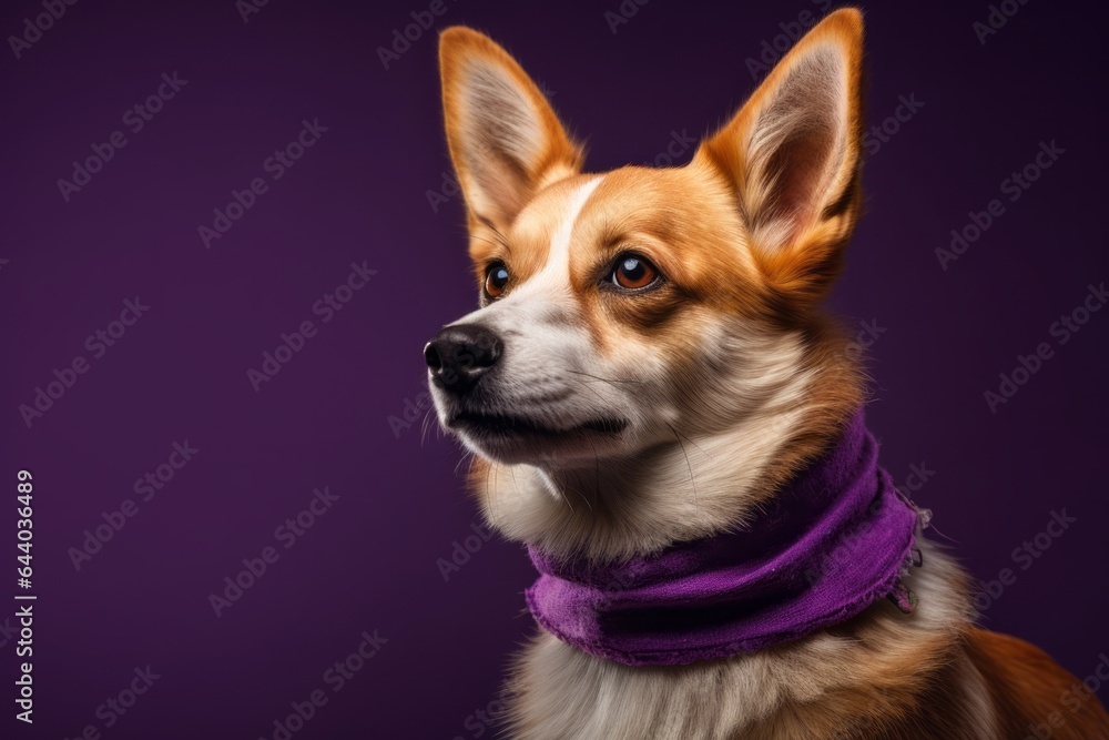 Photography in the style of pensive portraiture of a cute norwegian lundehund wearing a bandana against a vibrant purple background. With generative AI technology Photography in the style of pensive portraiture of a cute norwegian lundehund wearing a bandana against a vibrant purple background. With generative AI technology