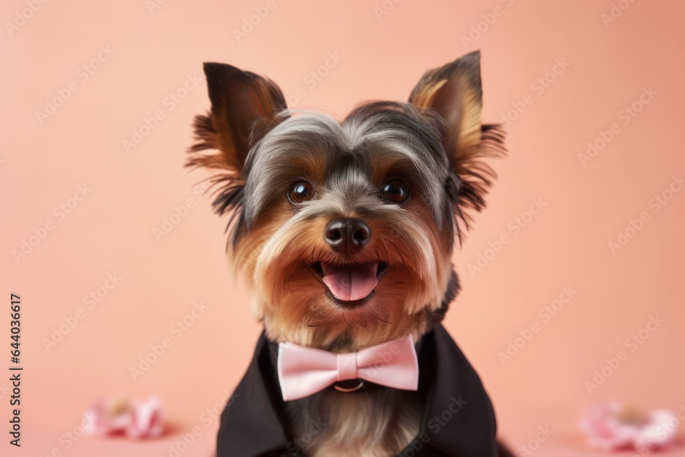 Close-up portrait photography of a smiling yorkshire terrier wearing a tuxedo against a pastel pink background. With generative AI technology