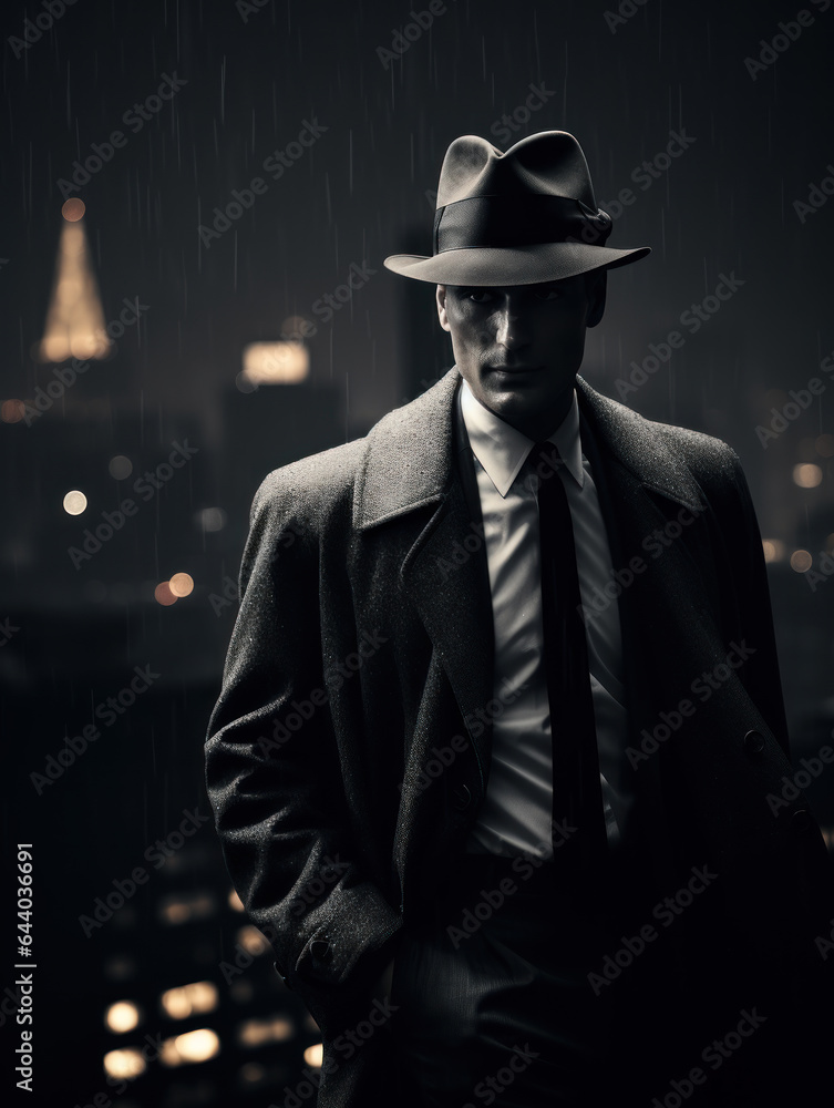 Old fashioned detective in a hat on a night city background, black and white Old fashioned detective in a hat on a night city background, black and white