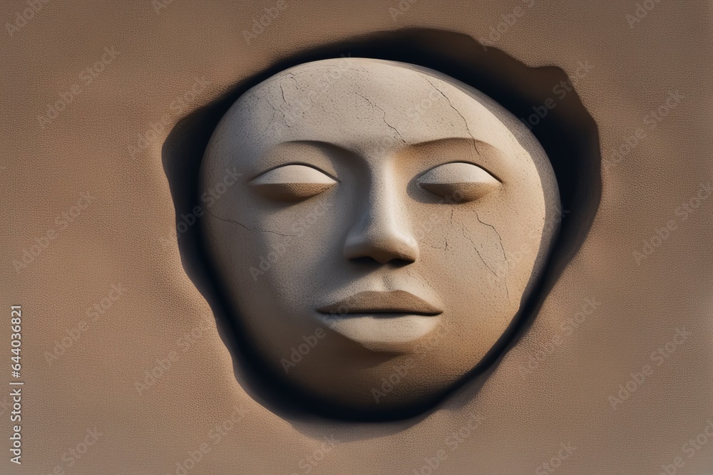 An abstract round stone with a human face lies in the smooth sand An abstract round stone with a human face lies in the smooth sand