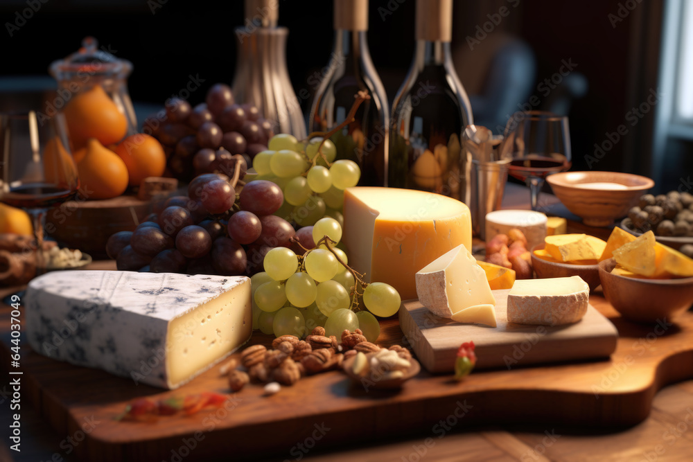 Assorted Cheese Plate with Wine and Grapes