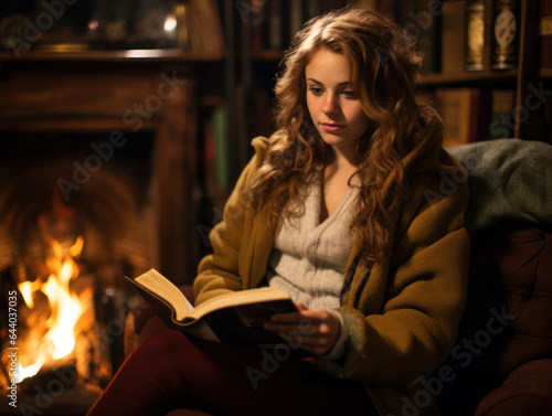 beautiful young woman enjoy reading a book by the fireplace on a winter evening
