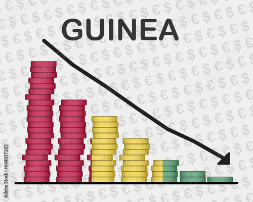 Guinea economic collapse, decreasing values with coins, crisis and downgrade concept