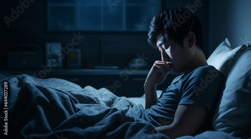 中々眠れずベッドの上で目を開けて考え事をする日本人男性
